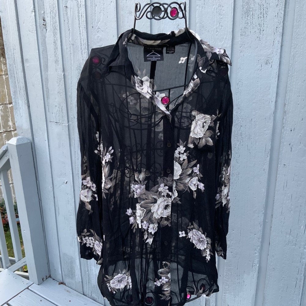 Anthony Mark Hankins Sheer Black Floral Beaded Blouse (Size M)